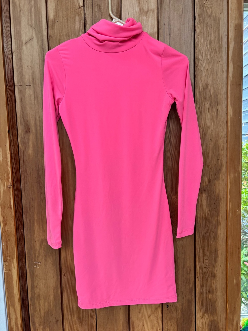 Hot Miami Styles Neon Pink Long Sleeve Turtleneck Bodycon Dress